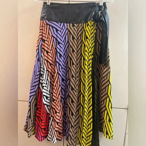 Womens Wrap asymmetrical Flare Skirt Faux Leather Belt Size S/ M Multicoloured